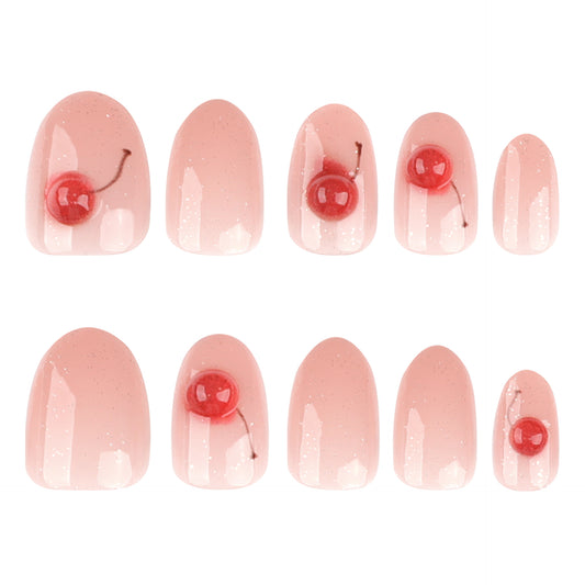 Cherry Blossom Dream Press On Nail Set in Soft Pink Short Round Shape with Dazzling Cherry Accent