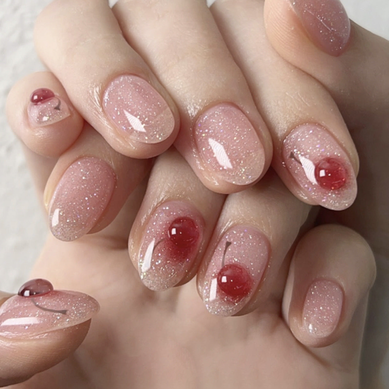 Cherry Blossom Dream Shimmering Short Oval Blush Pink with Gel Dot Accents Nail Set
