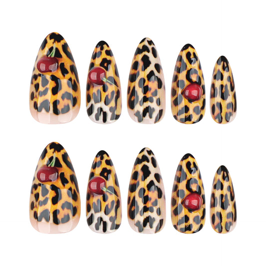 Wild Safari Leopard Print Medium Almond Nails with Cherry Accent Feature