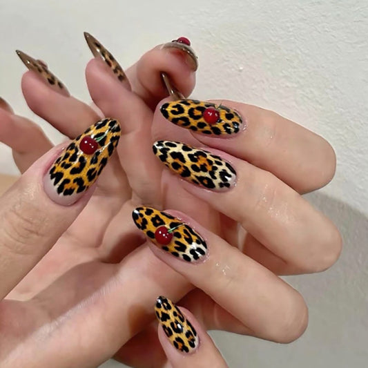 Wild Safari Medium Almond Leopard Print Nails with Cherry Accent