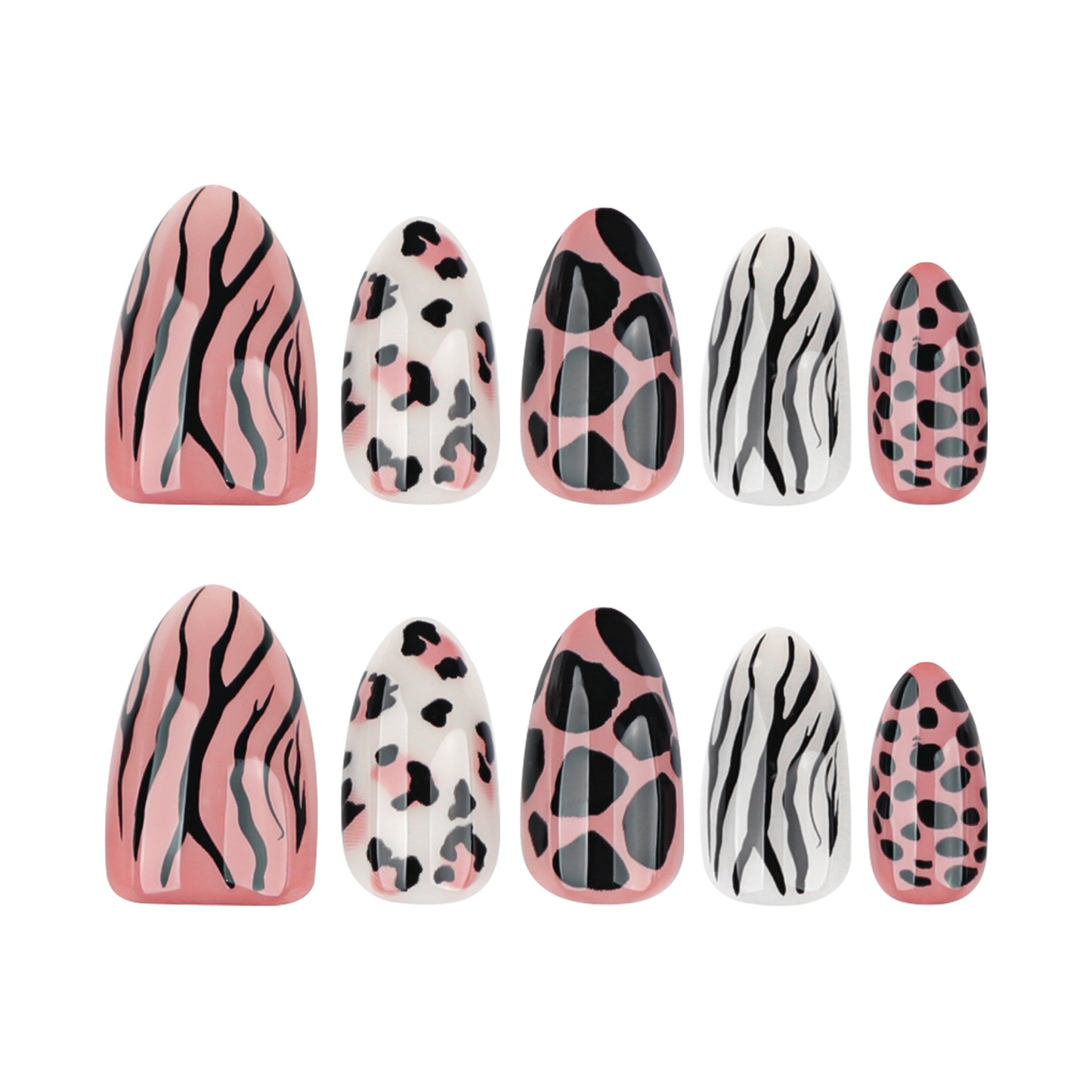 Wild Safari Glamour Medium Almond Pink and Black Animal Print Press-On Nail Set with Unique Glossy Finish
