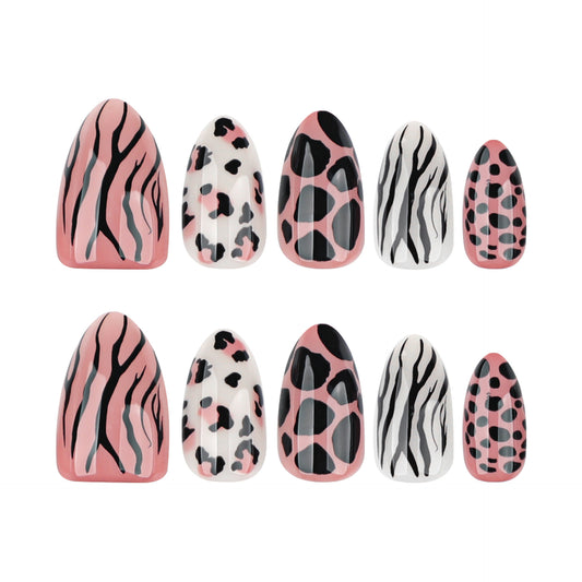 Wild Safari Glamour Medium Almond Pink and Black Animal Print Press-On Nail Set with Unique Glossy Finish