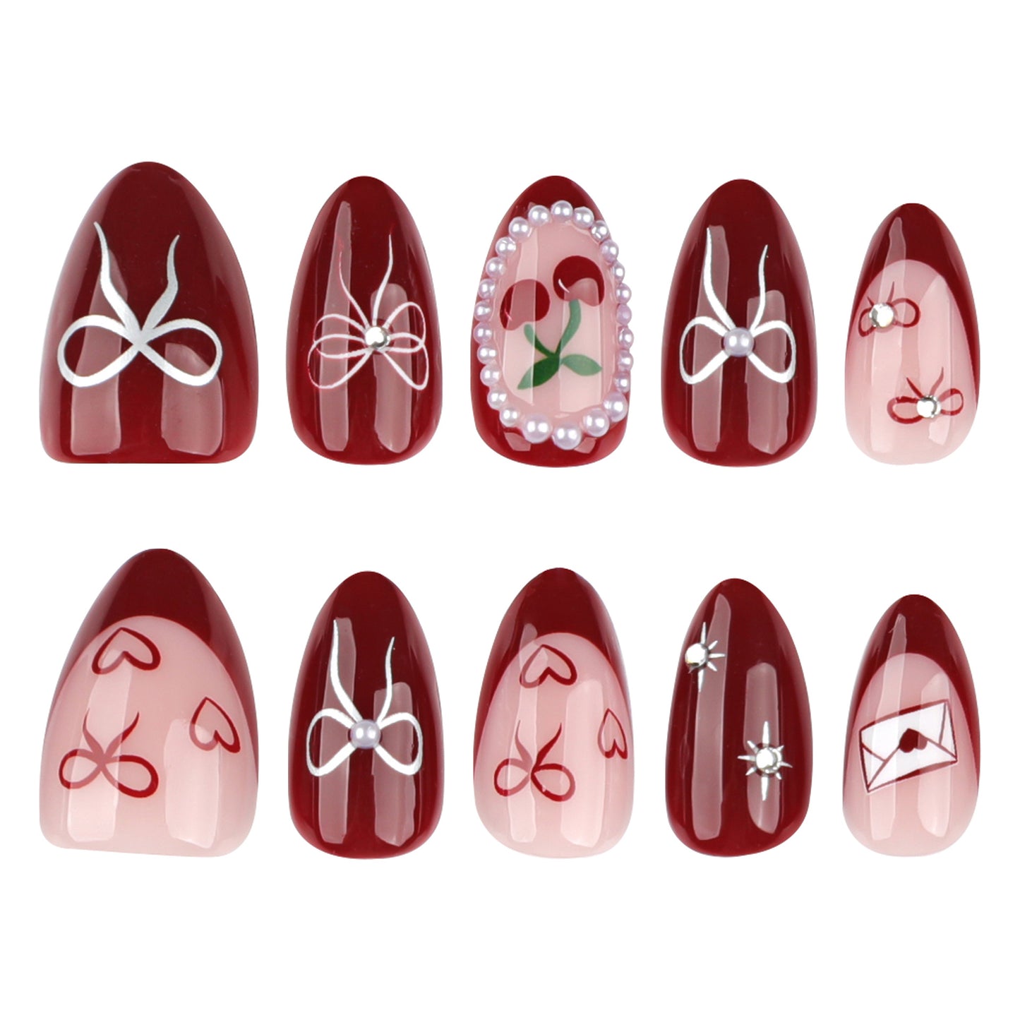 Love Story Romantic Medium Almond Red Nail Set with Charming Floral and Heart Designs