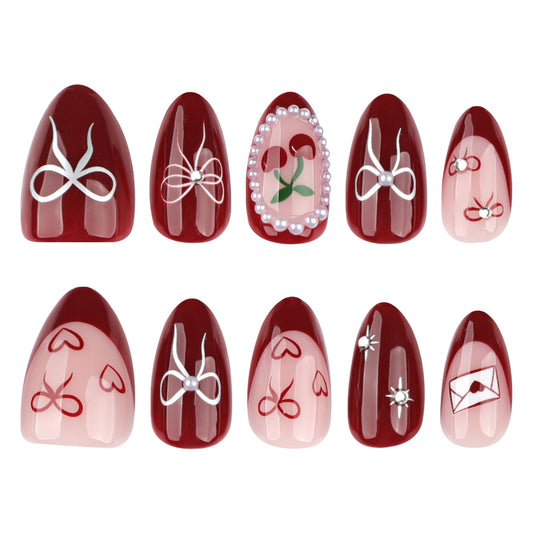 Love Story Romantic Medium Almond Red Nail Set with Charming Floral and Heart Designs