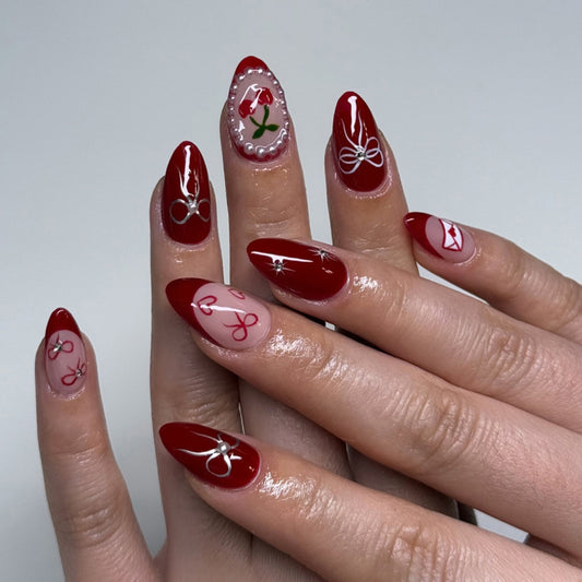 Charming Romance Medium Almond Red with Floral and Bow Details Press-On Nail Set