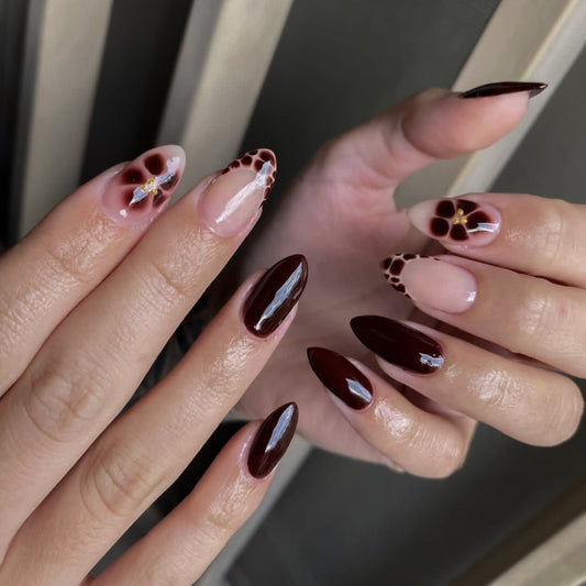 Glamorous Elegance Medium Almond Burgundy with Floral Accent Press On Nail Set