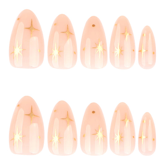Celestial Dream Pink Medium Almond Shape Press On Nail Set with Golden Star Accents