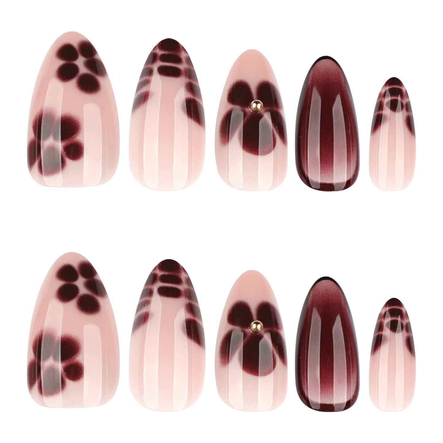 Elegant Blossom Dream Press-On Nail Set in Medium Almond Shape Blush Pink with Burgundy Floral Design and Shimmering Gold Accent