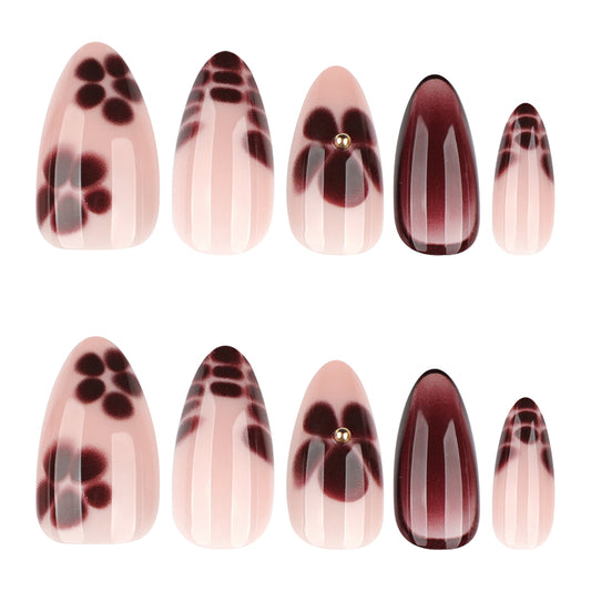 Elegant Blossom Dream Press-On Nail Set in Medium Almond Shape Blush Pink with Burgundy Floral Design and Shimmering Gold Accent