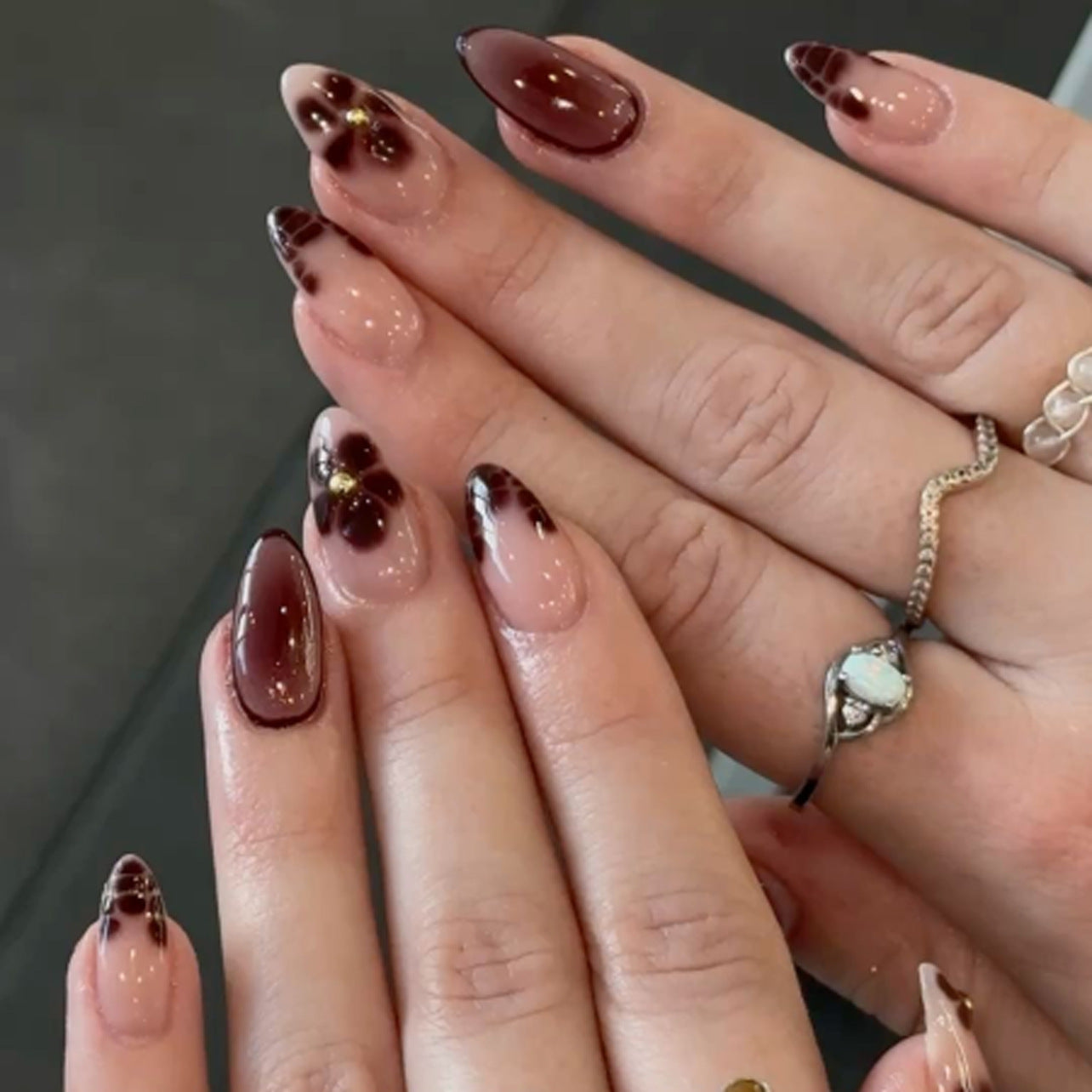 Enchanting Elegance Medium Almond Burgundy Ombre with Floral Accents Press On Nail Set