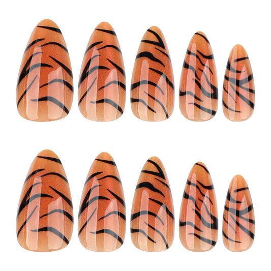 Wild Jungle Inspired Medium Orange Almond Nail Set with Striking Black Stripes