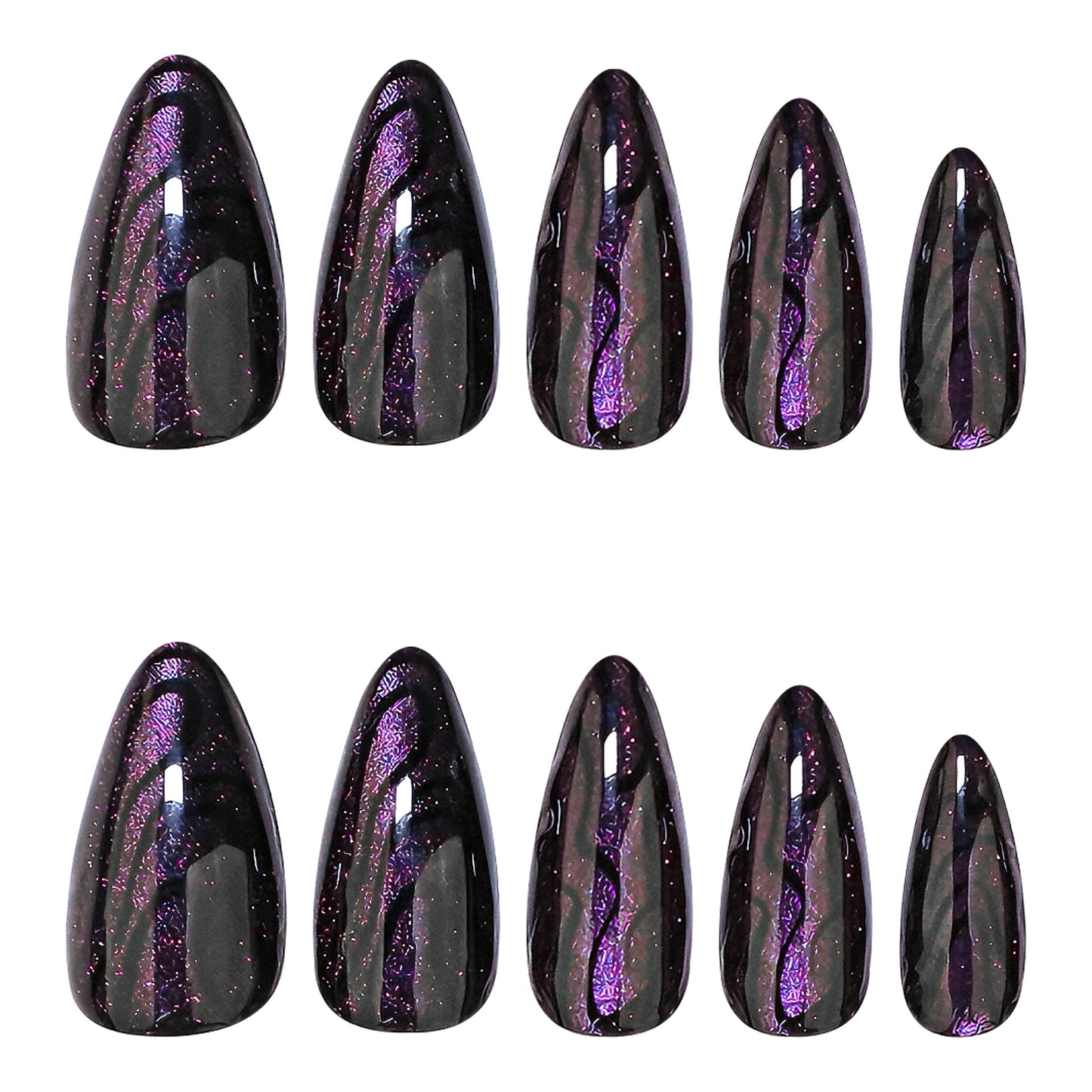 Celestial Dreamscape Medium Almond Black and Purple Marble Press-On Nail Set with Glitter Finish