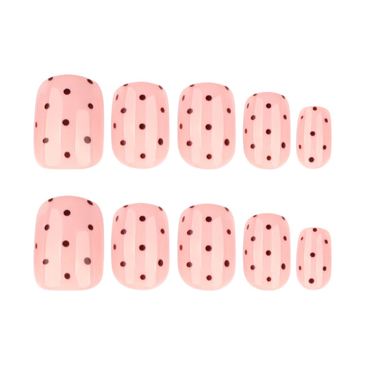 Charming Blossom Press On Nail Set Short Square Pastel Pink with Playful Dark Dots Feature