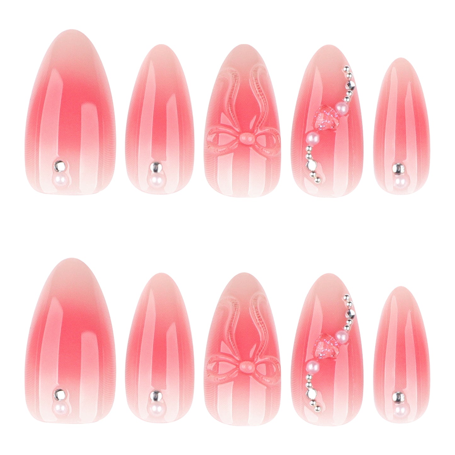 Charming Elegance Medium Almond Shaped Ombré Pink Press On Nail Set with Decorative Bows and Gemstones