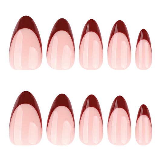 Elegant Romance Medium Almond Pink and Burgundy Press-On Nail Set with Unique French Tip Design
