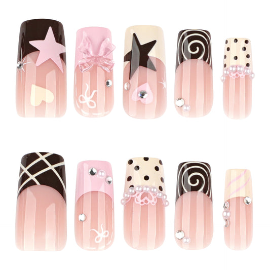 Charming Whimsy Long Square Pink with Delicate Details and Sparkling Accents Press On Nail Set
