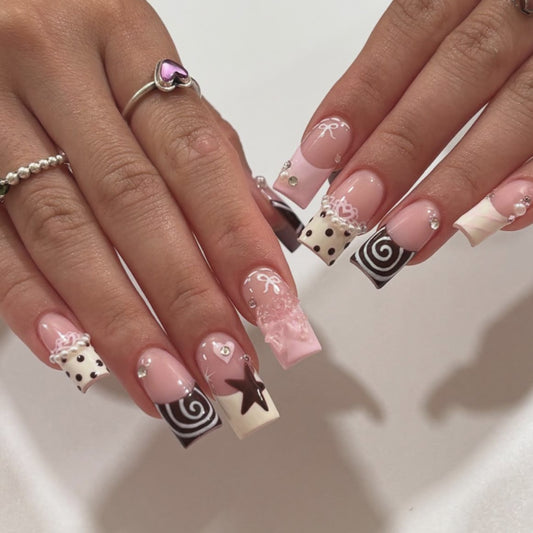 Sweet Treats Long Square Pink Nails with Whimsical Dessert Designs