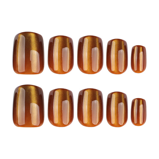 Golden Autumn Shimmer Short Squoval Warm Amber Color Chic Glossy Finish Press On Nail Set