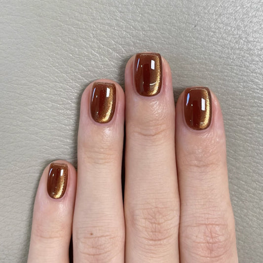 Autumn Elegance Short Square Glossy Brown with Stunning Metallic Accent Nail Set