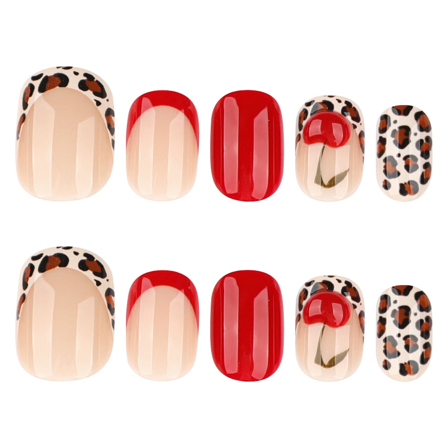 Wild Safari Vibes Elegant Medium Squoval Shaped Red and Leopard Print Press On Nail Set with Glossy Finish