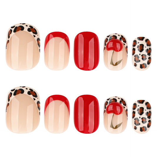 Wild Safari Vibes Elegant Medium Squoval Shaped Red and Leopard Print Press On Nail Set with Glossy Finish