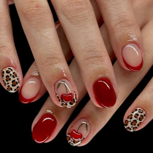 Chic Jungle Glam Medium Squoval Burgundy and Clear Press on Nail Set with Cherry and Leopard Print Accent