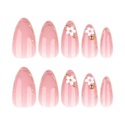 Blossom Garden Elegant Medium Almond Shape Soft Pink with Charming Floral Accents Press on Nails Set