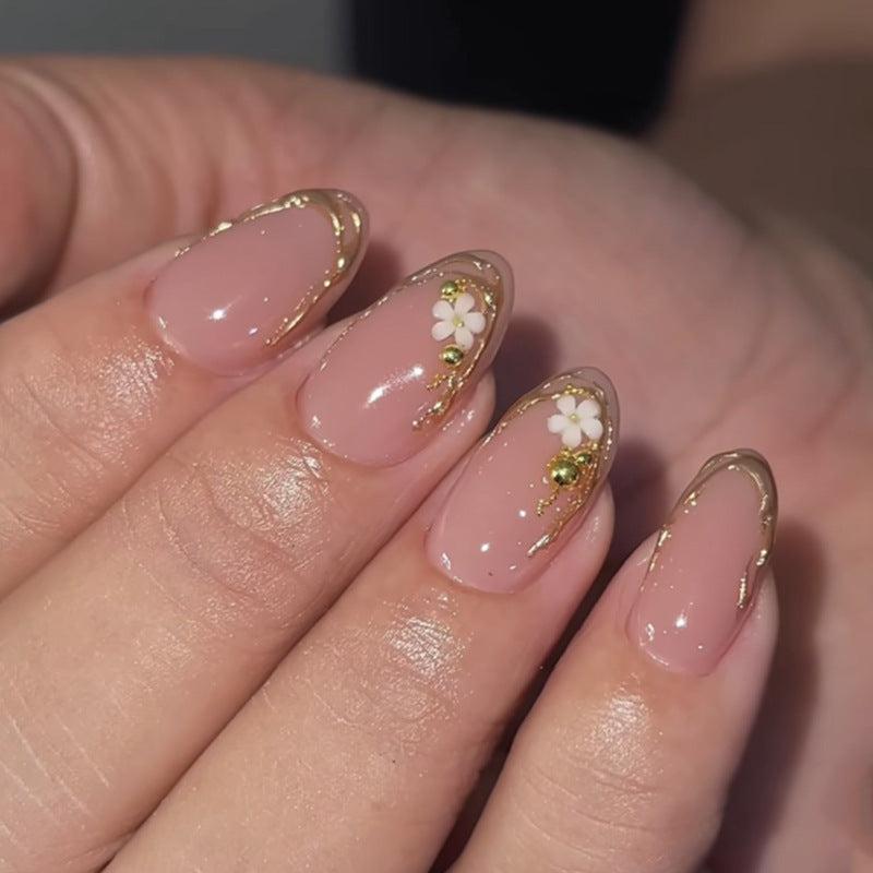 Floral Elegance Medium Almond Pink Press On Nail Set with Gold Accents and Charming Floral Detail
