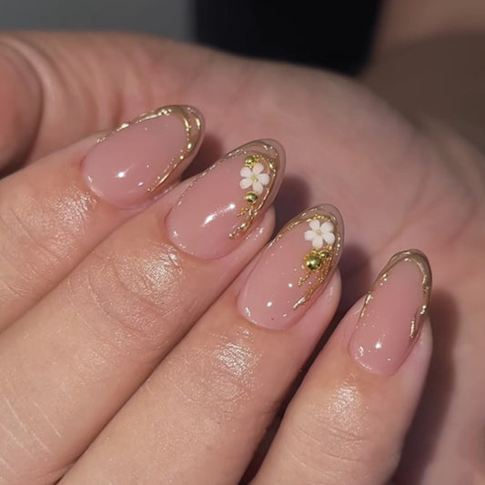 Floral Elegance Medium Almond Pink Press On Nail Set with Gold Accents and Charming Floral Detail