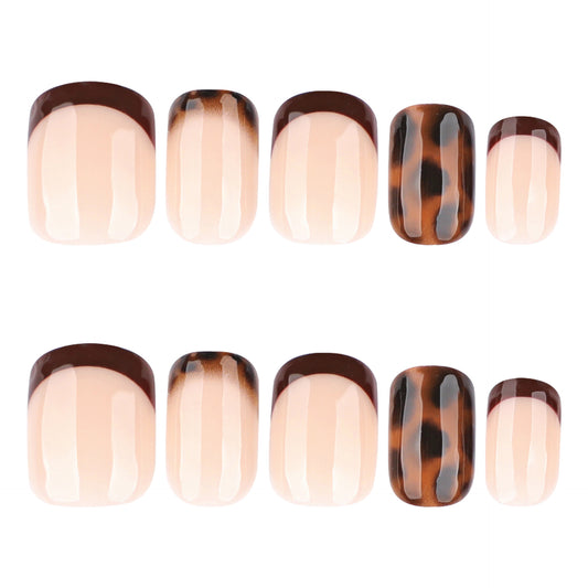 Tropical Vibes Short Square Beige with Brown Tips and Unique Glossy Finish Nail Set
