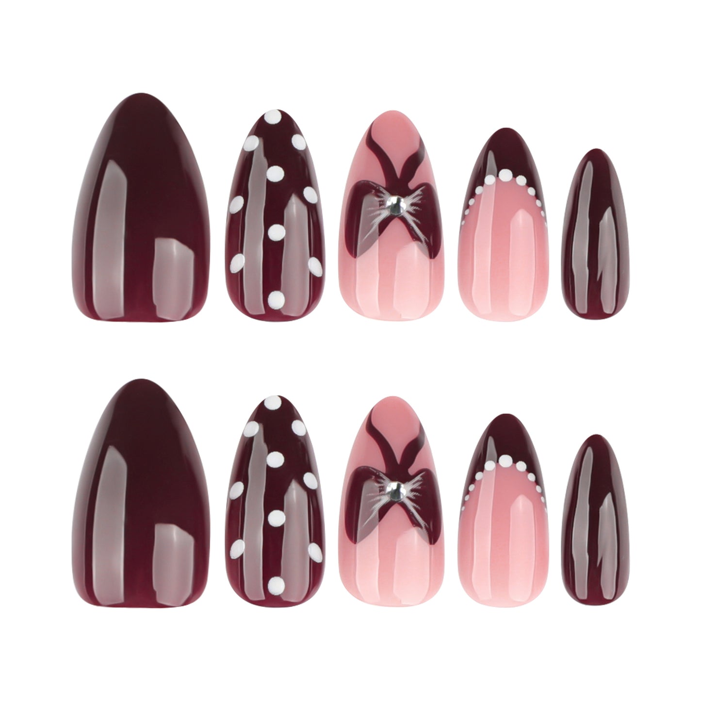 Chic Desserts Medium Almond Burgundy and Pink Press On Nail Set with Stunning Bow and Polka Dot Designs