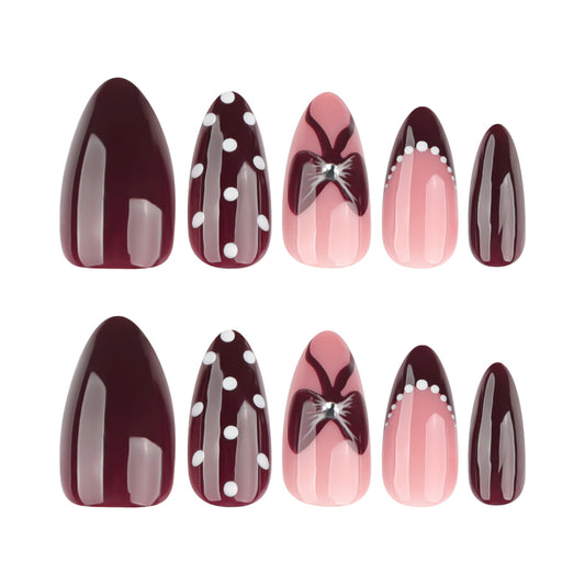 Chic Desserts Medium Almond Burgundy and Pink Press On Nail Set with Stunning Bow and Polka Dot Designs