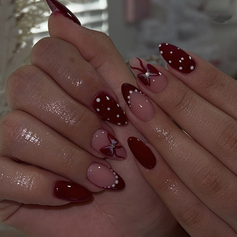 Chic Elegance Medium Almond Burgundy and Pink Press-On Nail Set with Floral and Dot Design