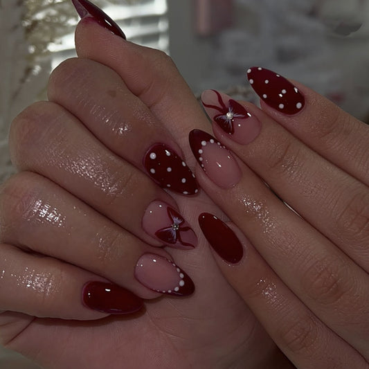 Chic Elegance Medium Almond Burgundy and Pink Press-On Nail Set with Floral and Dot Design