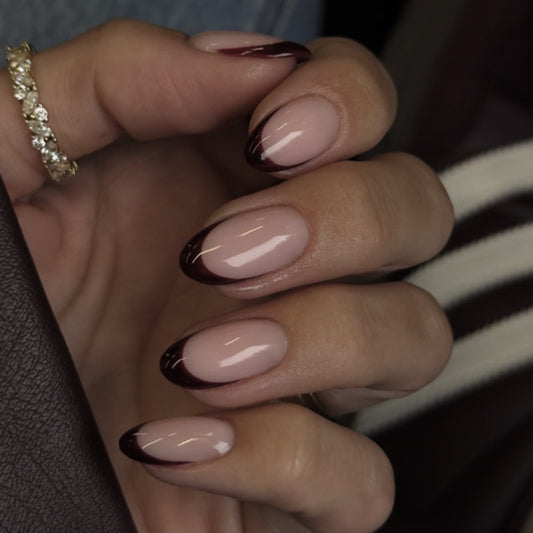 Chic Elegance Medium Almond Beige with Burgundy Ombre Tips Press On Nail Set