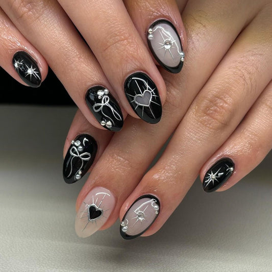 Enchanting Elegance Medium Squoval Shaped Black and White Press On Nail Set with Shiny Silver Accents