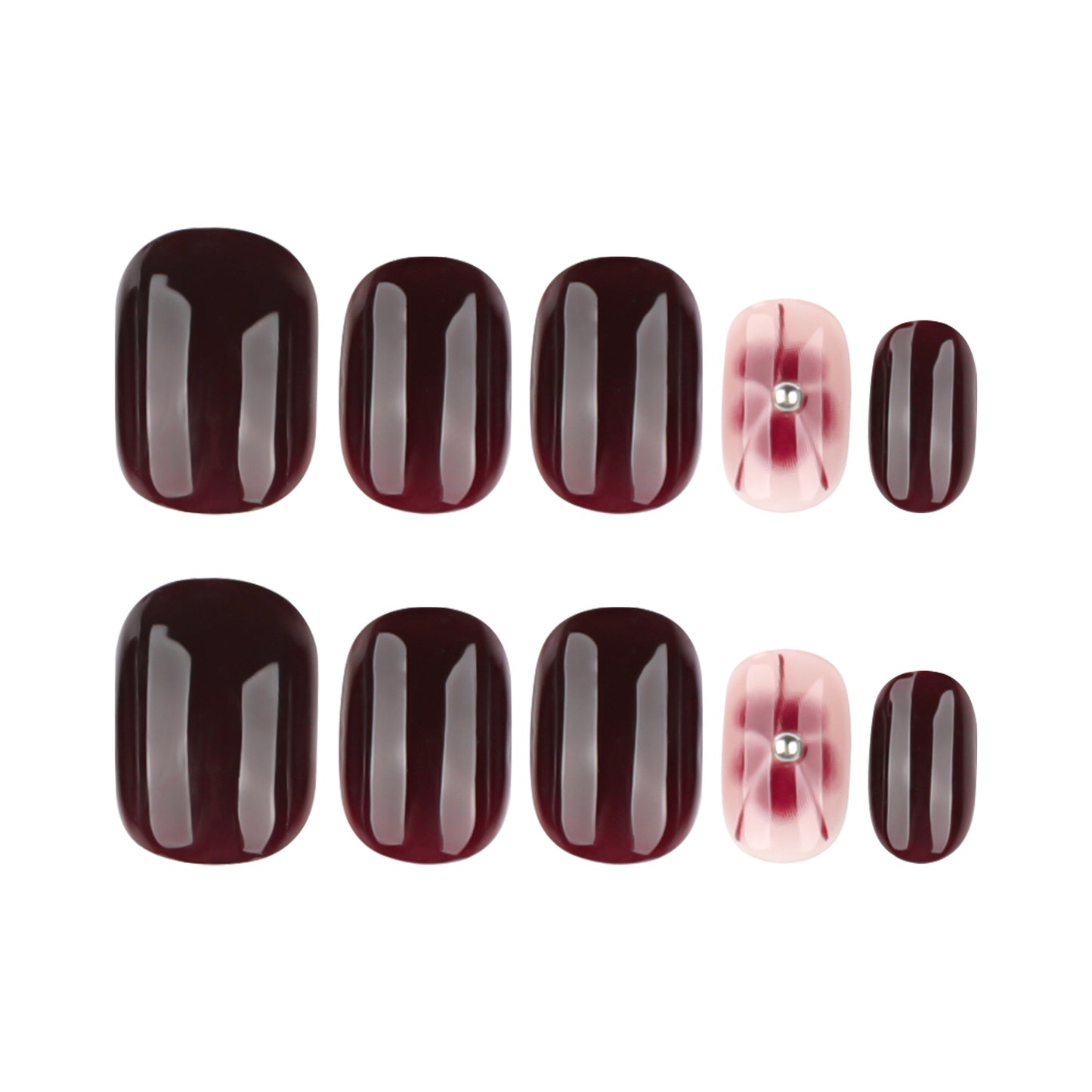 Timeless Burgundy Elegance Short Square Glossy Press-on Nail Set with Unique Gemstone Accent