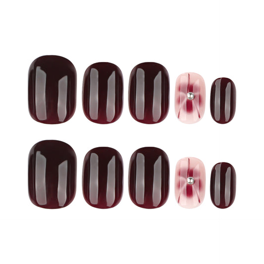 Timeless Burgundy Elegance Short Square Glossy Press-on Nail Set with Unique Gemstone Accent