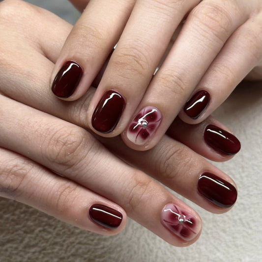 Elegant Autumnal Vibes Short Square Deep Burgundy with Artistic Marble Accent and Gem Detail Press on Nail Set