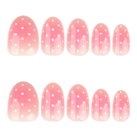 Whimsical Pink Dreams Press On Nail Set Medium Oval Soft Pink with Charming White Polka Dots