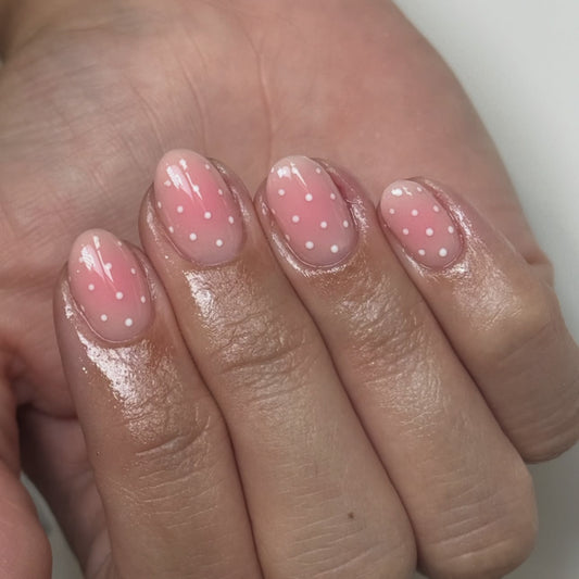 Whimsical Dreaming Short Oval Pink Ombre Press-On Nail Set with Charming White Polka Dots