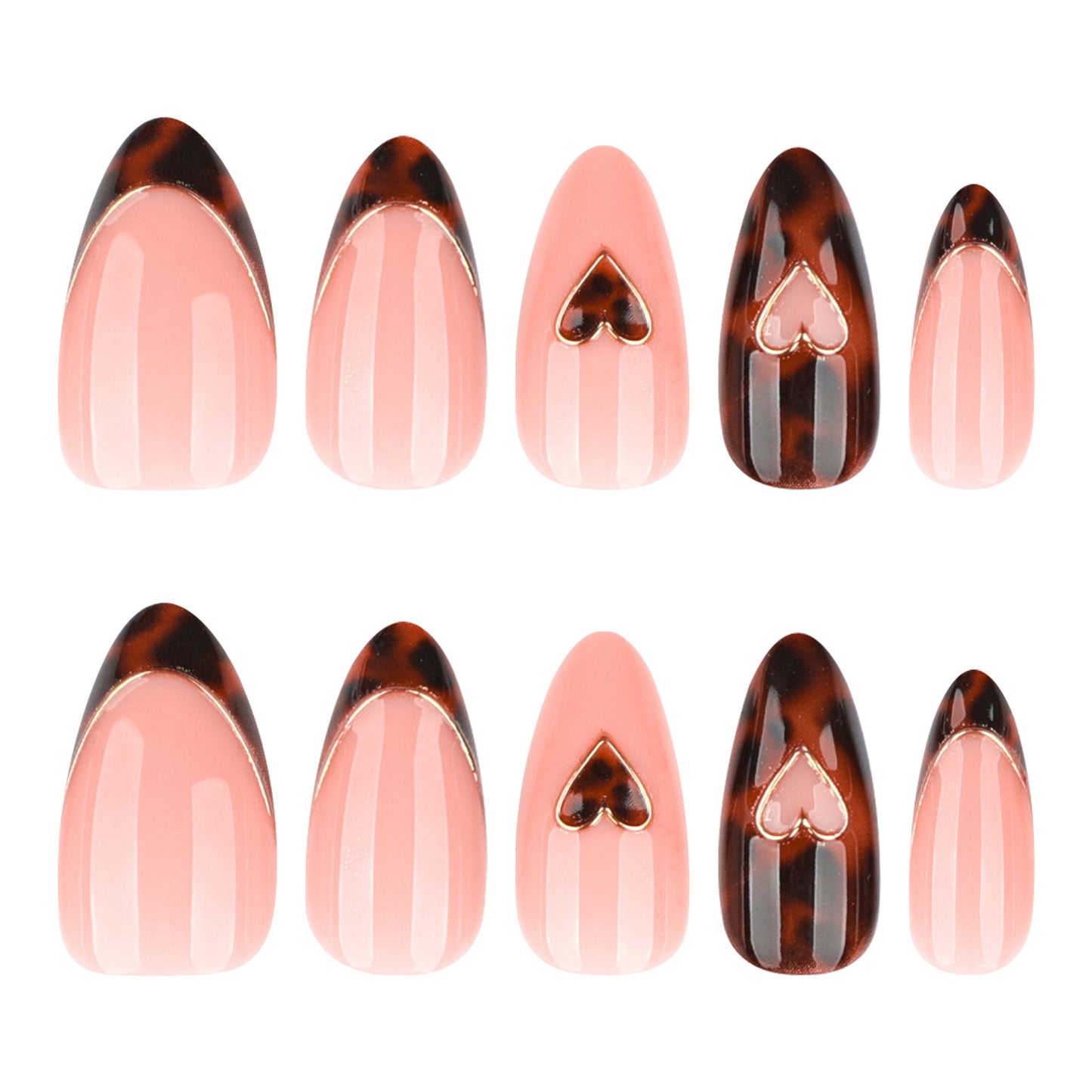 Chic Romance Medium Almond Pink and Tortoise Press-On Nail Set with Heart Accents