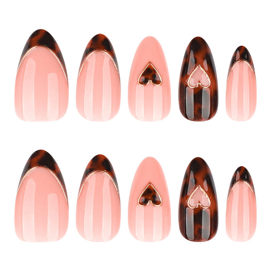 Chic Romance Medium Almond Pink and Tortoise Press-On Nail Set with Heart Accents