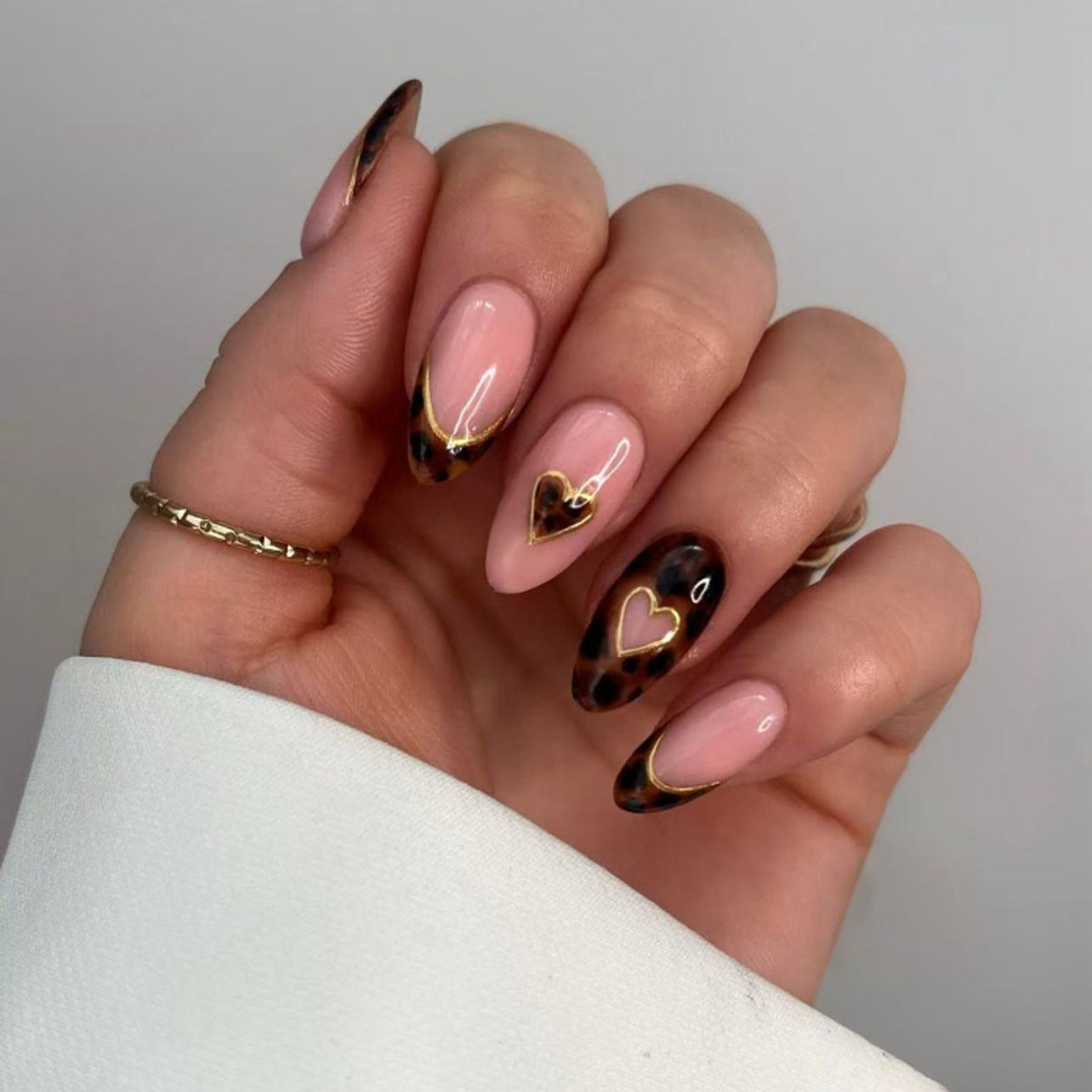 Chic Heartfelt Elegance Medium Almond Blush and Leopard Print with Gold Accents Press On Nail Set