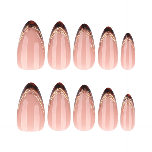 Elegant Garden Soft Pink Medium Almond Shaped Press On Nail Set with Golden Accent Design