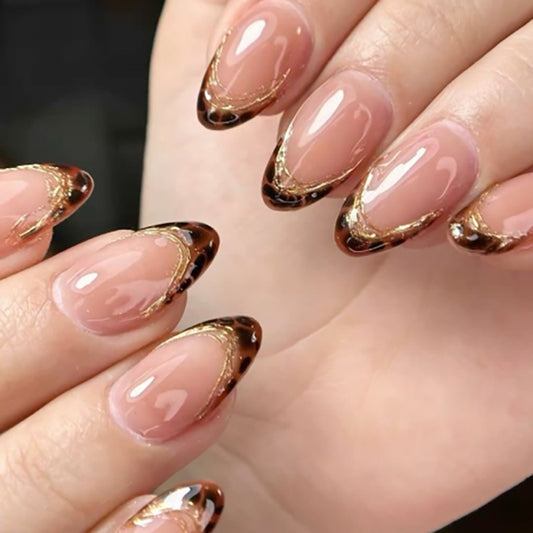 Glamorous Elegance Medium Almond Brown Ombre with Golden Accent Press On Nail Set