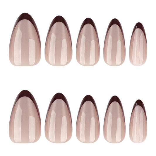 Elegant Essence Stylish Medium Almond Shaped Beige and Dark Brown Ombre Press On Nail Set with Glossy Finish