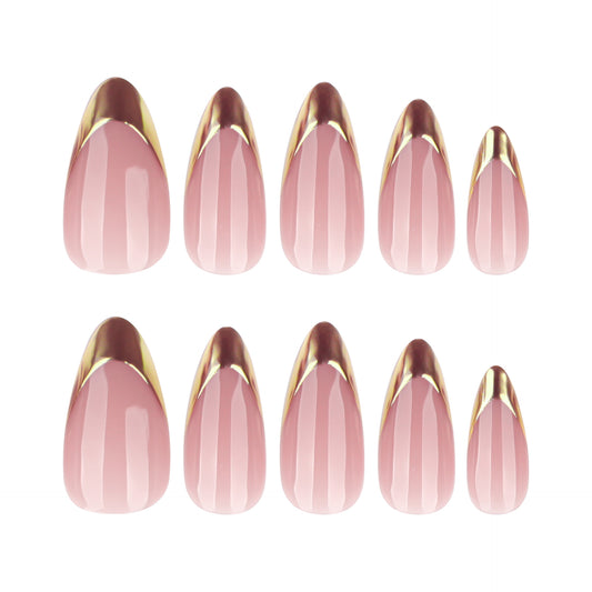 Glamorous Elegance Medium Almond Pink Press On Nail Set with Gold Accent Tips