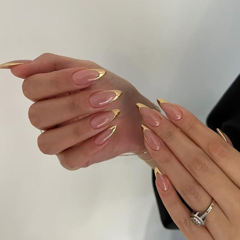 Glamorous Elegance Long Stiletto Beige with Gold Tips Press On Nail Set