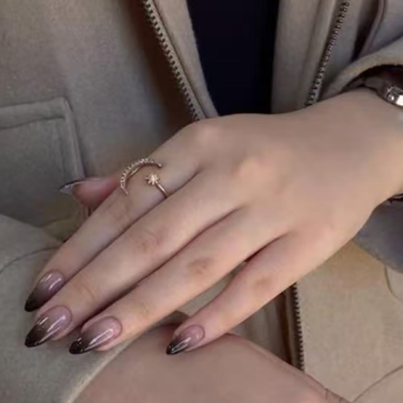 Dreamy Elegance Long Almond Ombre Brown and Beige Gradient with Shimmering Finish Press On Nail Set